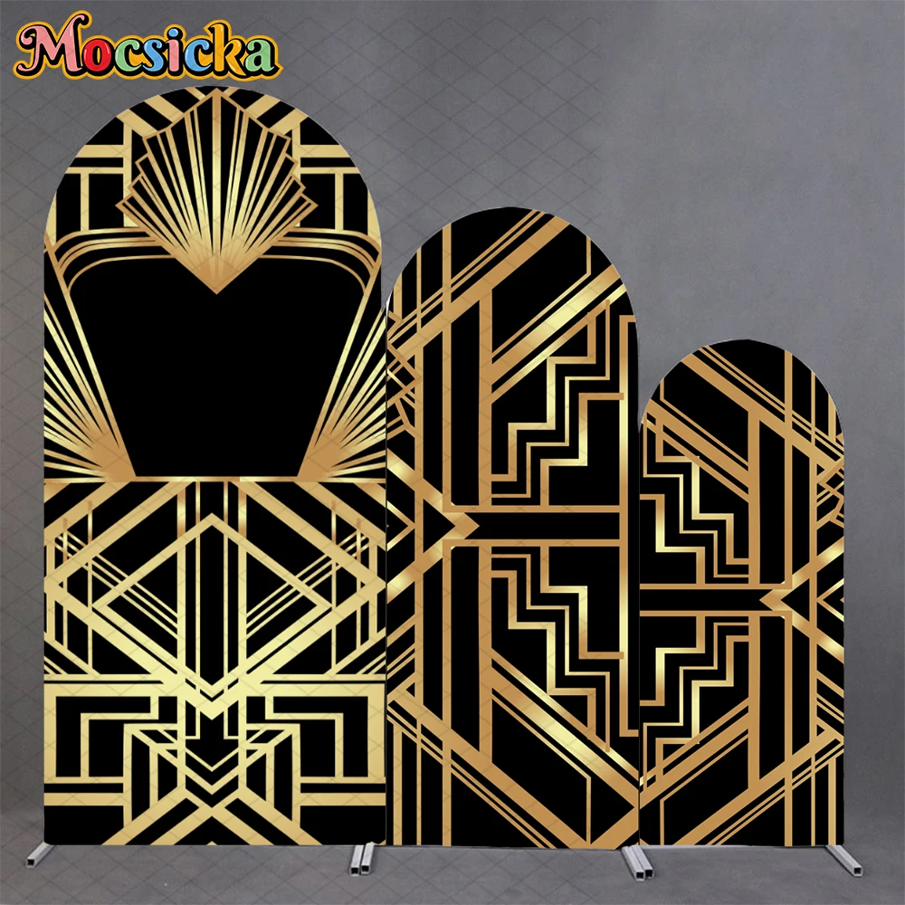 Mocsicka Baby Shower Arch Backdrop Cover Black Gold Geometric Pattern Decor Adult Wedding Birthday Party Photo Arched Background