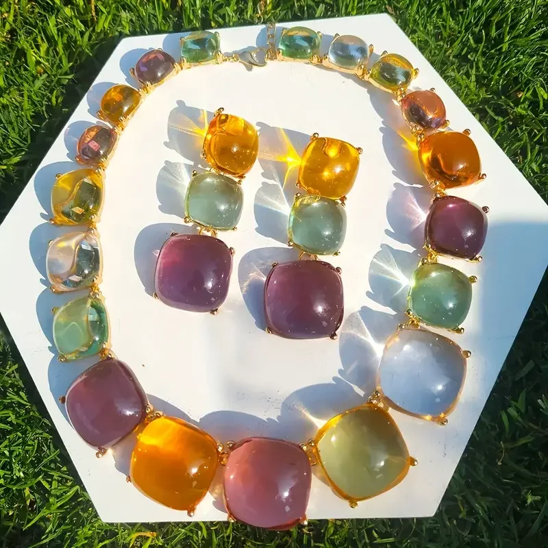 Best Lady Bohemian Ethnic Style Resin Square Shape Colorful Earrings & Necklace Jewelry Set Personality Party Favors For Women