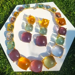 Best Lady Bohemian Ethnic Style Resin Square Shape Colorful Earrings & Necklace Jewelry Set Personality Party Favors For Women
