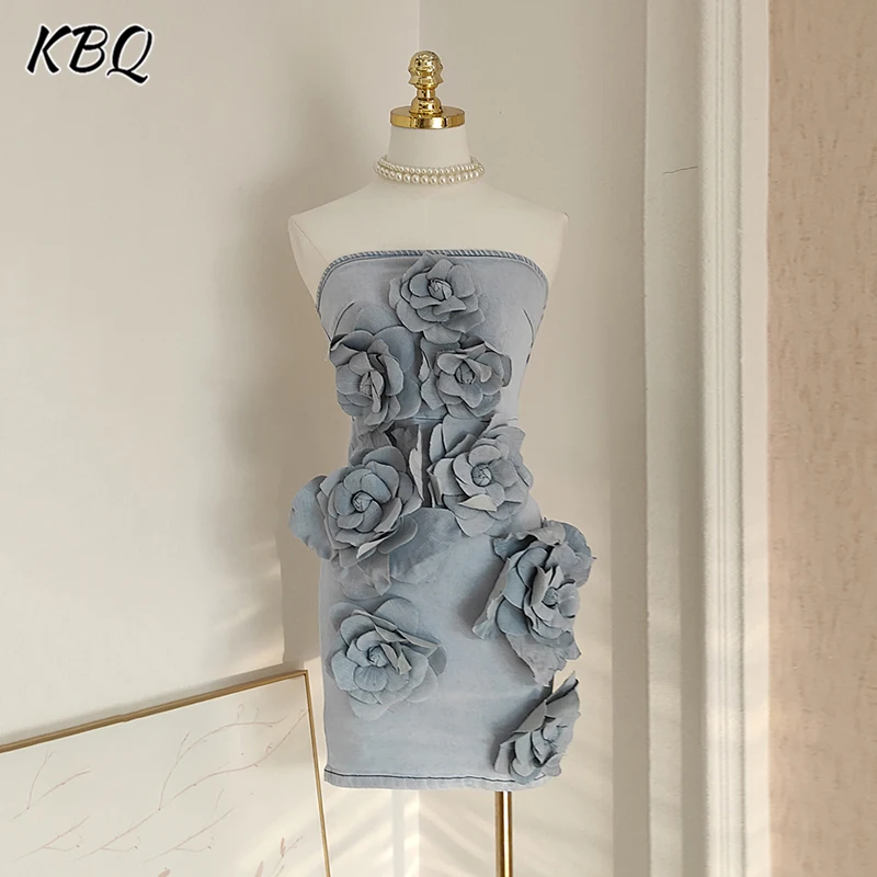 

KBQ Solid Patchwork Appliques Mini Dresses For Women Strapless Sleeveless Backless High Waist Sexy Slimming Dress Female Fashion