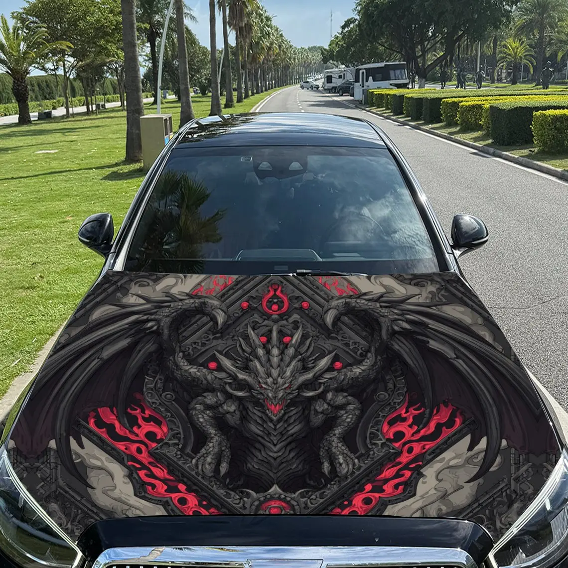 

Black Evil Dragon and Blazing Flames Car Vinyl Wrap, PVC Material Waterproof Car Hood Sticker, Self-Adhesive Scratch-Resistant S