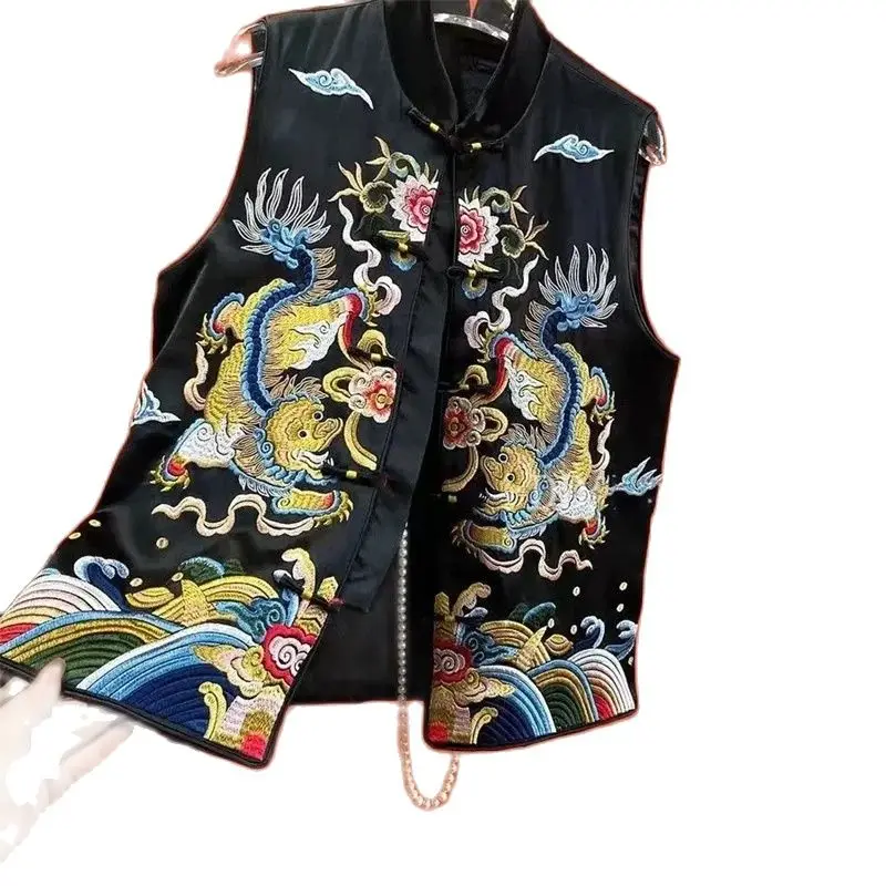 

New Chinese Style Waistcoat 2024 Spring Autumn New Fashion Loose Vestes Tops Printing Black Coil Buckle China Chic Female