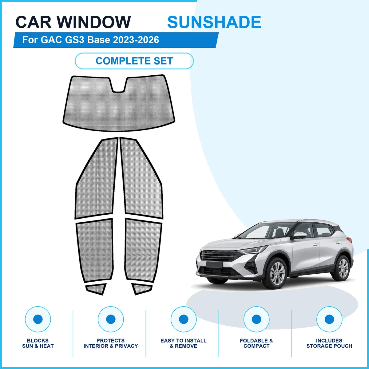 For GAC GS3 Base 2023-2026 Custom Full Set Window Sunshades Aluminum Foil Suction Cup Anti UV Privacy