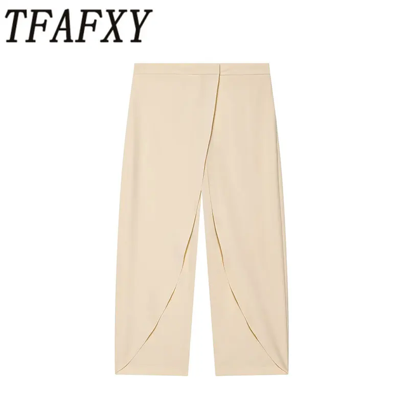 TFAFXY 2026 Summer Streetwear Solid Women Full Length Pants Fashion New Casual High Waist Wide Leg Folds Trousers