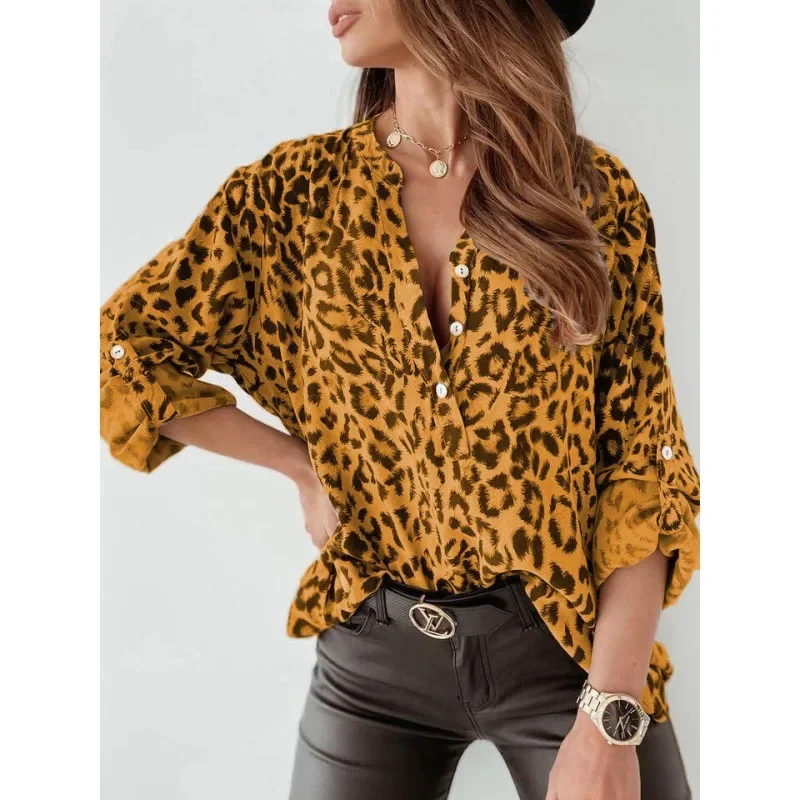 Cardigan feminino com estampa de leopardo, manga comprida, peito único, camisa solta para o outono