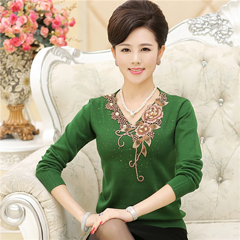 Elegant V-Neck Knitted Embroidery Beading Sweaters Women's Clothing 2023 Autumn Winter Loose Korean Pullovers Office Lady Tops