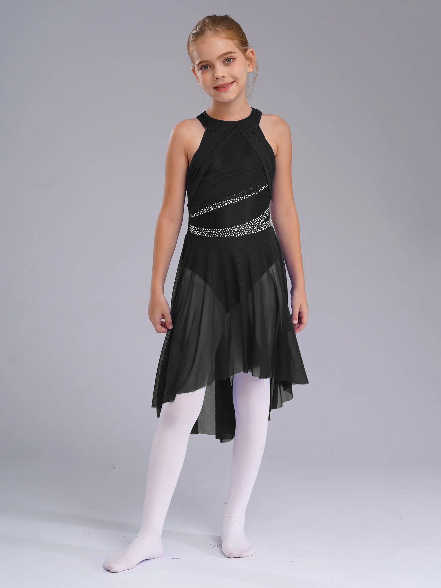 สาวโคลงสั้น ๆ บัลเล่ต์เต้นรําละตินเครื่องแต่งกายร่วมสมัยสมัยสมัยใหม่ Dancewear แขนกุดประกาย Rhinestone Ruched ชุดรัดรูป