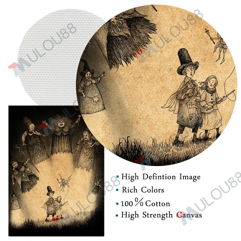 The Horrible Creatures In Devil Town,Vintage Wall Art Canvas Print, Witch And Nightmare Monster, Abstract Art Poster Print Decor