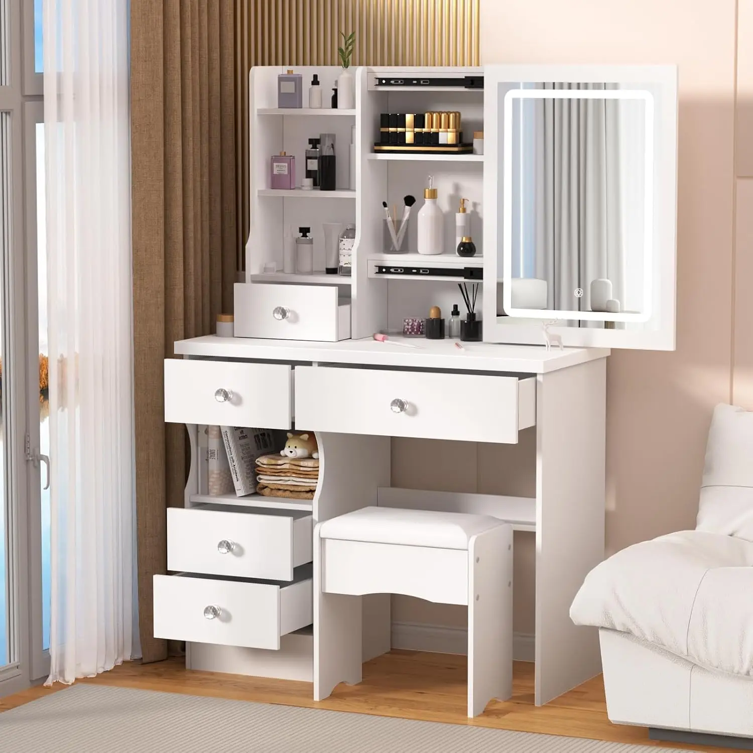 Vanity Desk With Led Lighted Mirror&Power Outlet, 3 Lighting Colors Makeup Vanity Desk With 5 Large Drawers And 3 Open Storage