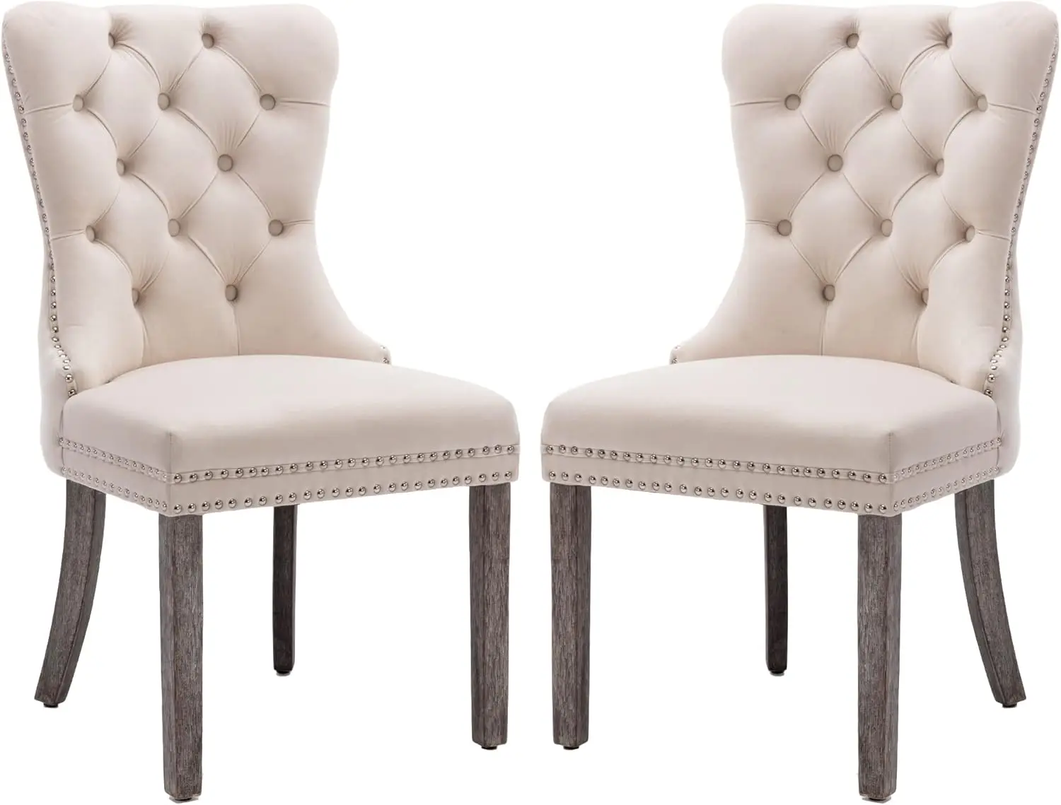 

Beige，Velvet Dining Chairs Set of 2, Upholstered High-end Tufted Dining Room Chair with Nailhead Back Ring Pull Trim Solid Wood