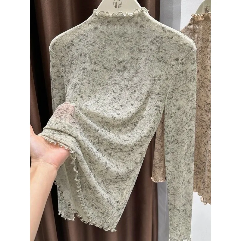 Women's Autumn Winter New Style Korean Style Tie-dyed Long-sleeved Thin Knitted Top with Half-turtle Collar and Earrings