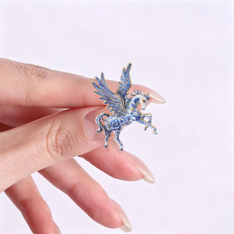 Chinese Style Pegasus Enamel Badge Set Porcelain Pattern Red Floral Winged Horse Mythical Creature Brooch Lapel Accessory Gift