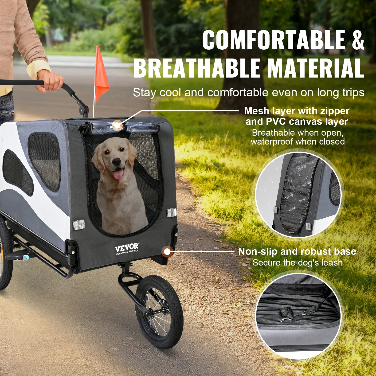 VEVOR 100 lbs Dog Bike Trailer 2-in-1 Pet Stroller Cart Easy Folding Bicycle Carrier with Coupler, Reflectors, Flag for Dogs