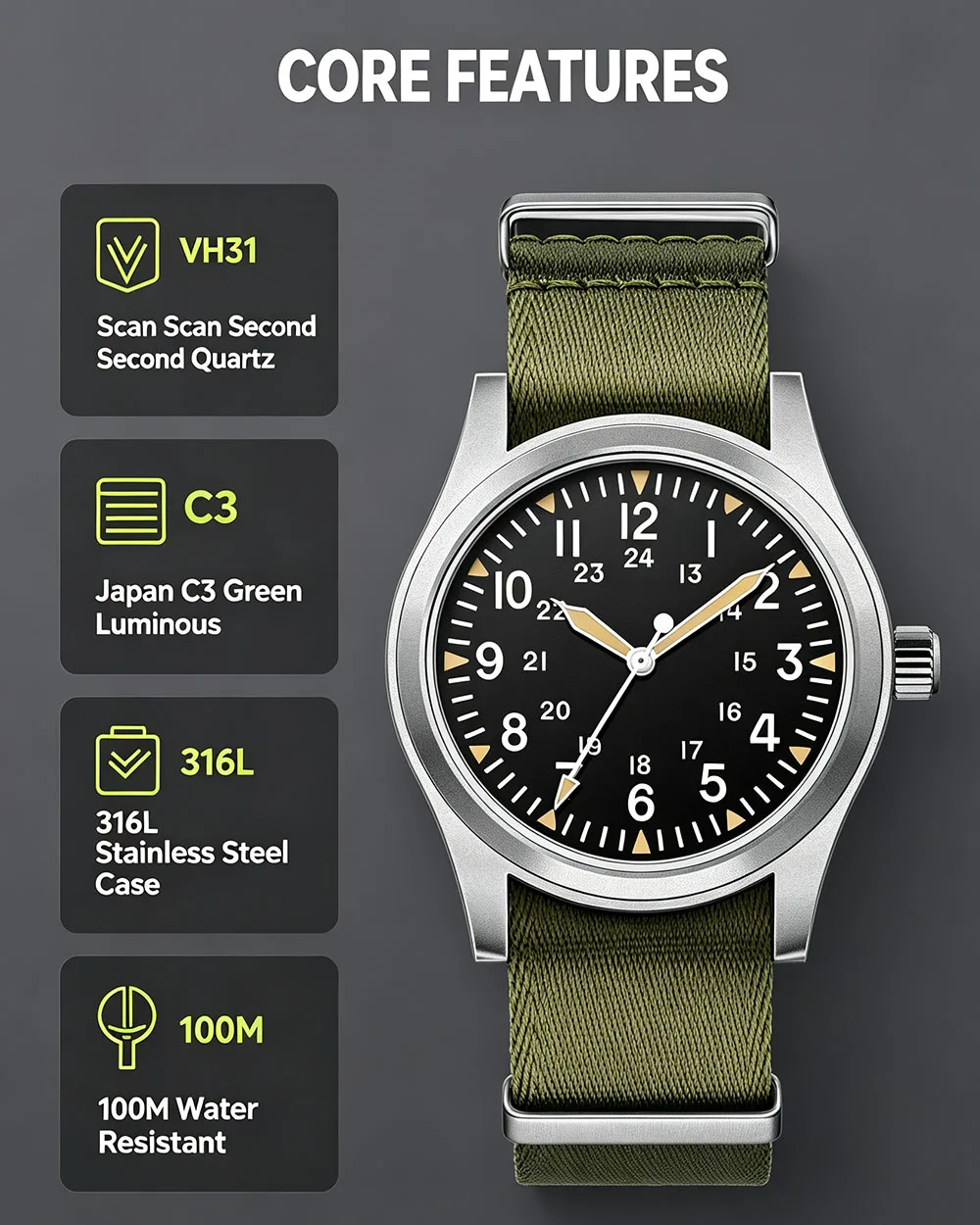 MILITREK 2025 Neue Militäruhr 37mm VH31 Herren Quarzuhr AR Saphir Edelstahl Wasserdicht 10Bar Leuchtend C3 Reloj Hombre – Detail 5