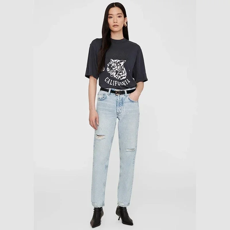 تي شيرت نسائي صيفي جديد من القطن الأسود بأكمام قصيرة من Taipei Tiger Head مع مطبوعات حروف إنجليزية