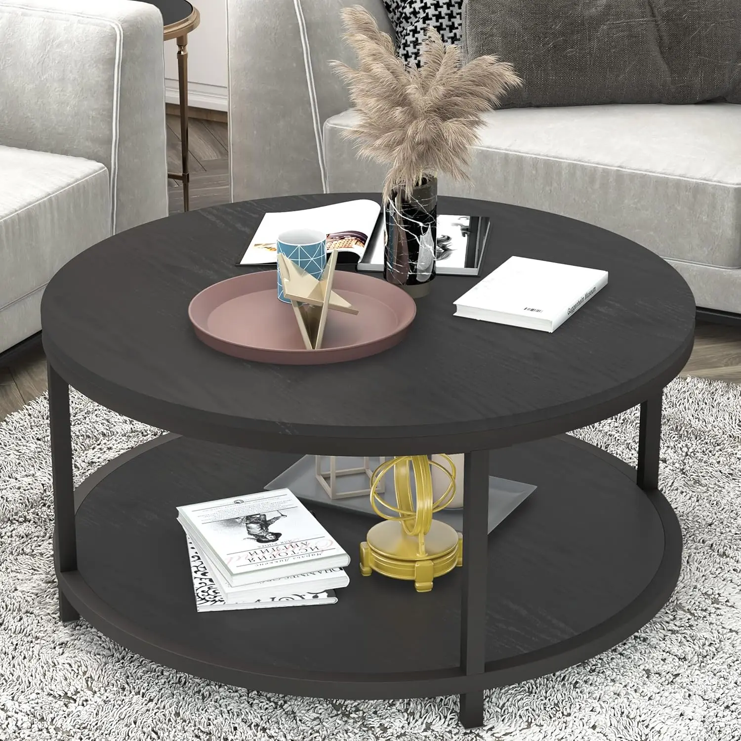 

Round Coffee Table, 36" Rustic Wooden Surface Top & Sturdy Metal Legs Industrial Sofa Table for Living Room Modern, Customized