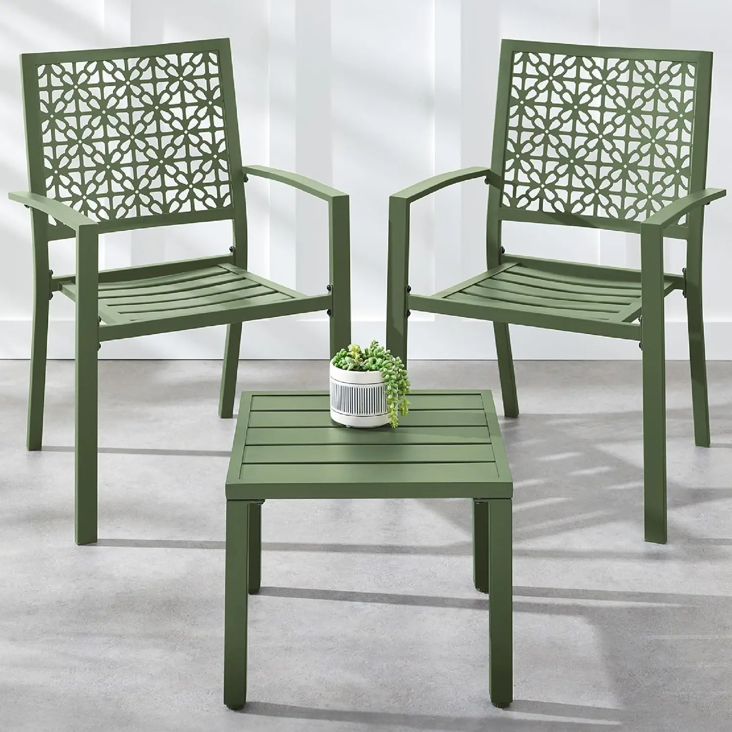 3-Piece Outdoor Bistro Set, Stackable Modern Steel Furniture for Porch Garden w/ 2 Chairs Table Geometric Decor - Sage Green