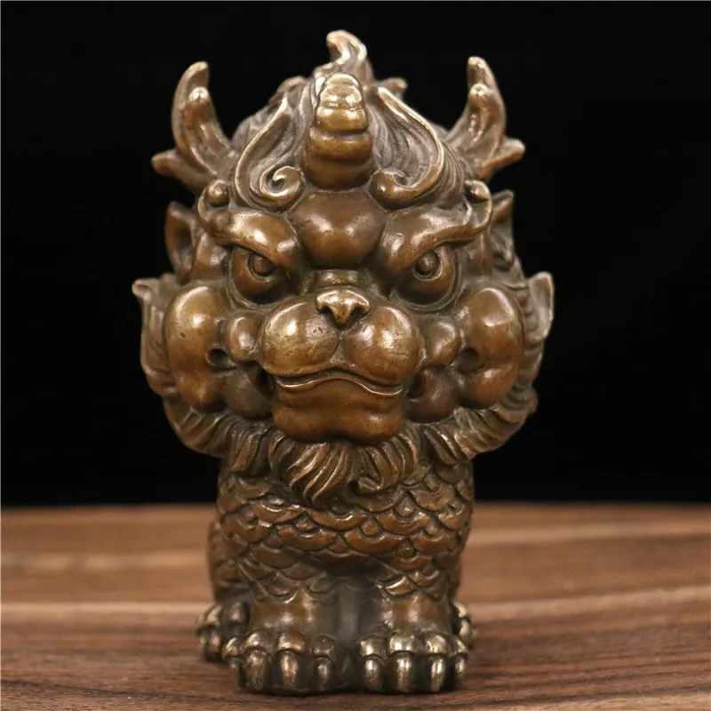 Copper Sitting Qilin Ornament for Home Living Room, Entryway, Wine Cabinet Decoration, Gift Craft