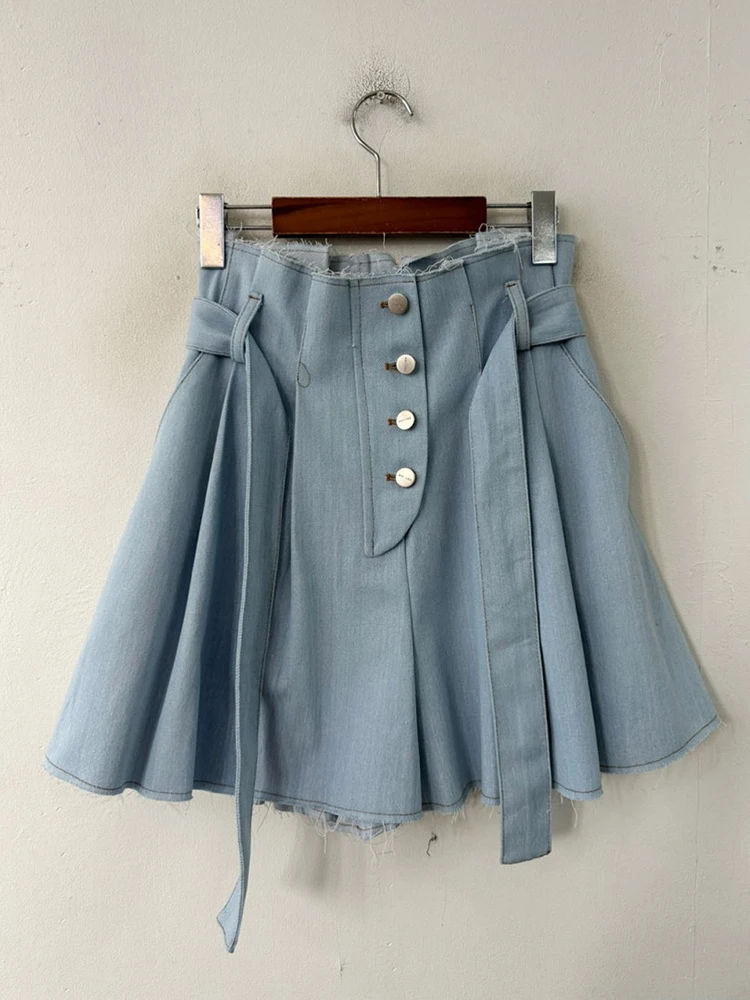 Ruffles High Waist Denim Shorts Women Summer 2024 Loose Casual Ripped Bandage Jean Shorts Buttons Short Pants Y2K Beach Shorts