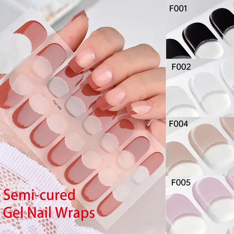 16Strips Red Semi-Cured Gel Nail Wraps French UV Sticker Full Cover Long Lasting LED Lamp Gel Cured Slider Decals For Manicure