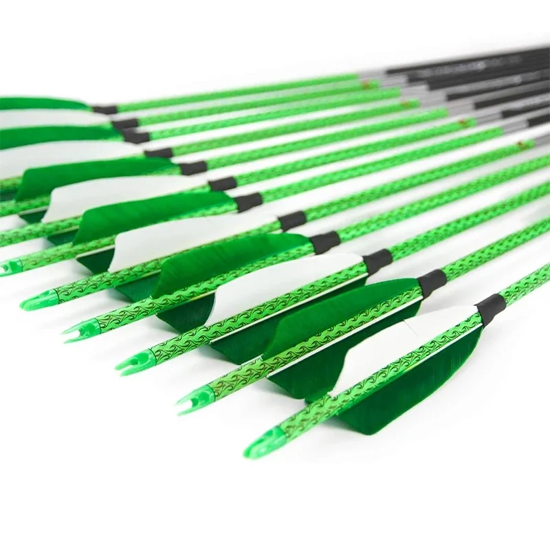 6/12pcs Carbon Arrows Spine 300-600 Shaft Turkey Feather Arrows Compound Recurve Bow Hunting Archery Green Camo 1 order