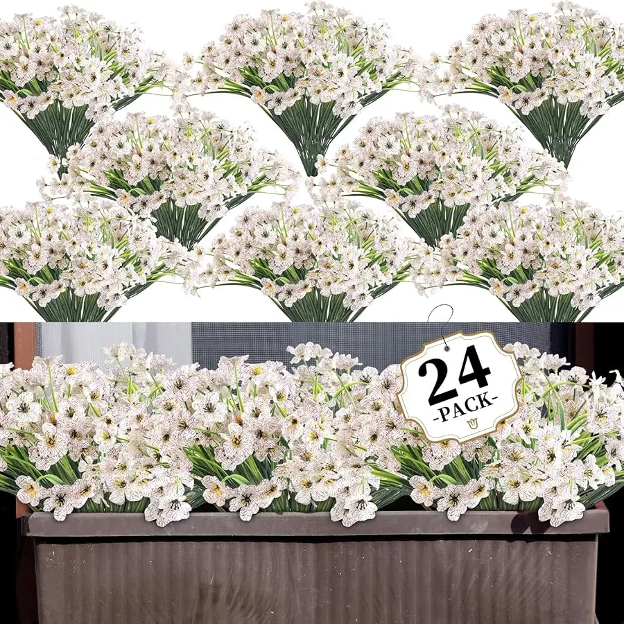 

24 White Bundles Artificial Flowers for Outdoors/Indoors Fake Flowers Plants for Indoor Outside Garden Porch Window Box Home Wed