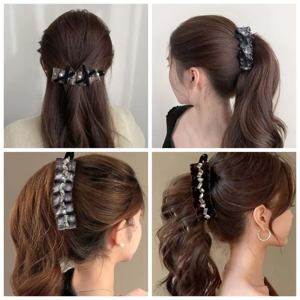 

Elegant Bow Banana Clip Plastic Square Rhinestone Women Vertical Clip Polyester Hairpins Pleated Ponytail Holder Hair Clip