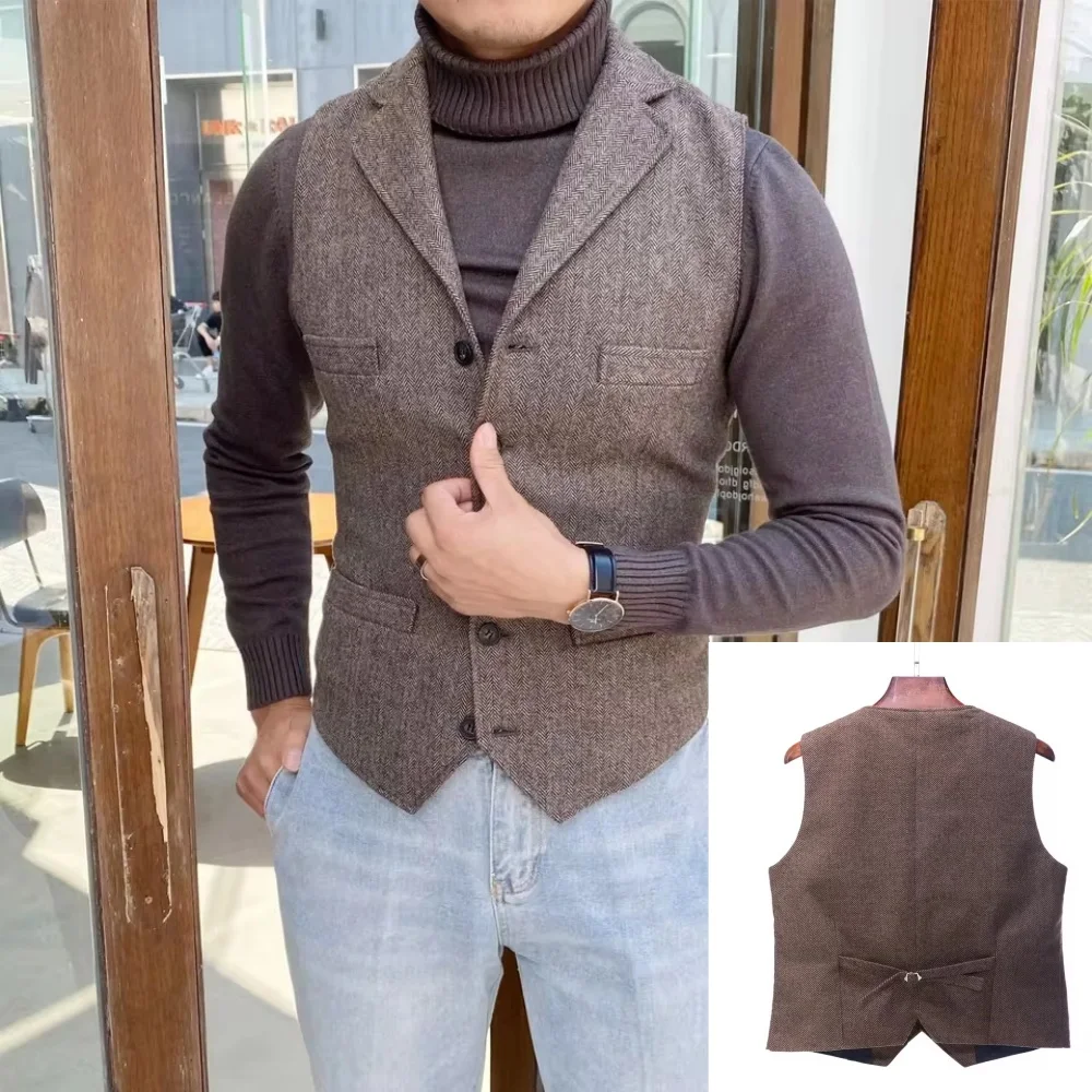 

Men‘s Vest Lapel Herringbone Waistcoat Slim Fit Business Grooomsmen Single Breasted Vest For Wedding
