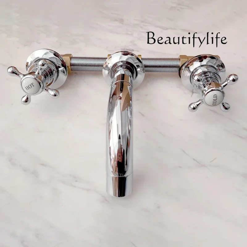 BJ Bathroom Copper Three-hole Wall Basin Faucet Hole Spacing Adjustable All-copper Chrome-plated Gold-plated Outlet