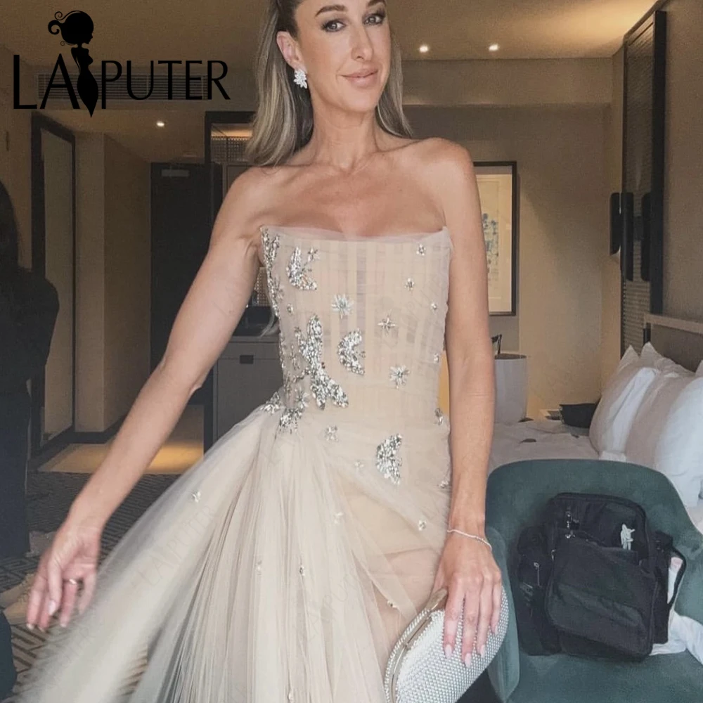 Nude Tulle Prom Dresses Boned Bodice Beaded Butterfly Illusion Evening Gown Crystal Stones Open Slit Ruched Celebrity Dress