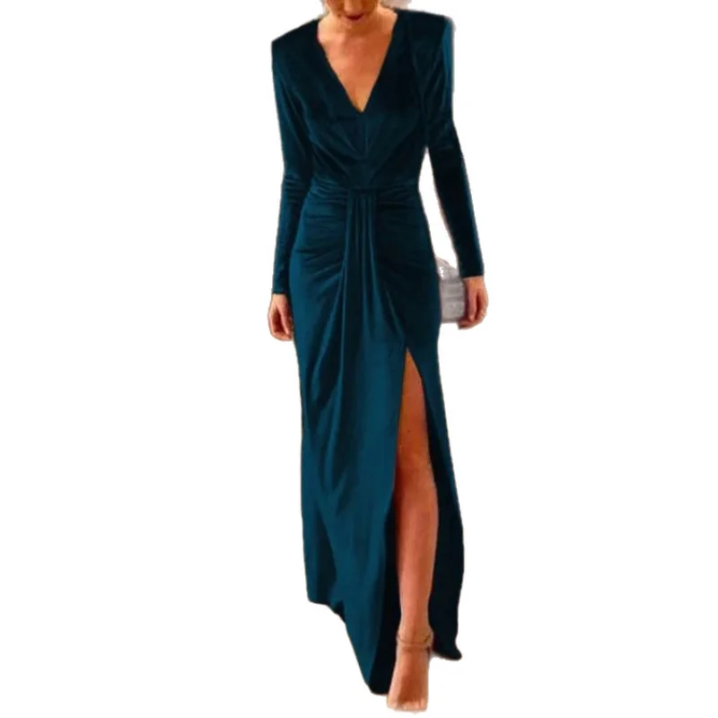 Women's Velvet Long Dress with Collar Sleeve And Slit Elegant Floor-Length Gown for Special Occasions