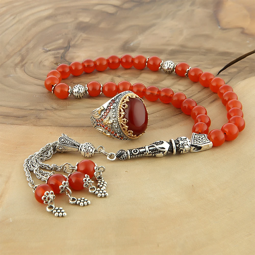 925 sterling Silver Red Agate Rosary Ring Set Jewelry