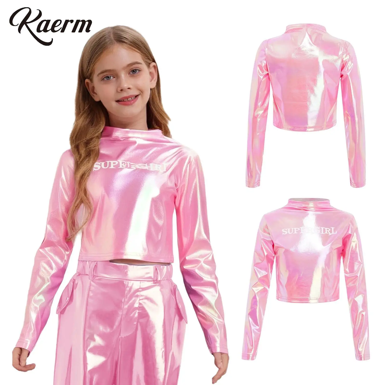 

Детские топы для джазовых танцев в стиле хип-хоп для девочек, укороченный топ с круглым вырезом и длинными рукавами с буквенным принтом, металлический укороченный топ, уличная одежда, клубная одежда, одежда для вечеринок и танцев