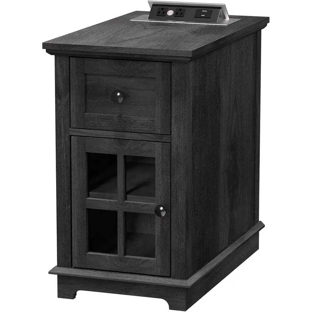 Contemporary Storage Side Table with Charging Station, USB & Type-C Ports, Ideal for Bedroom or Living Room