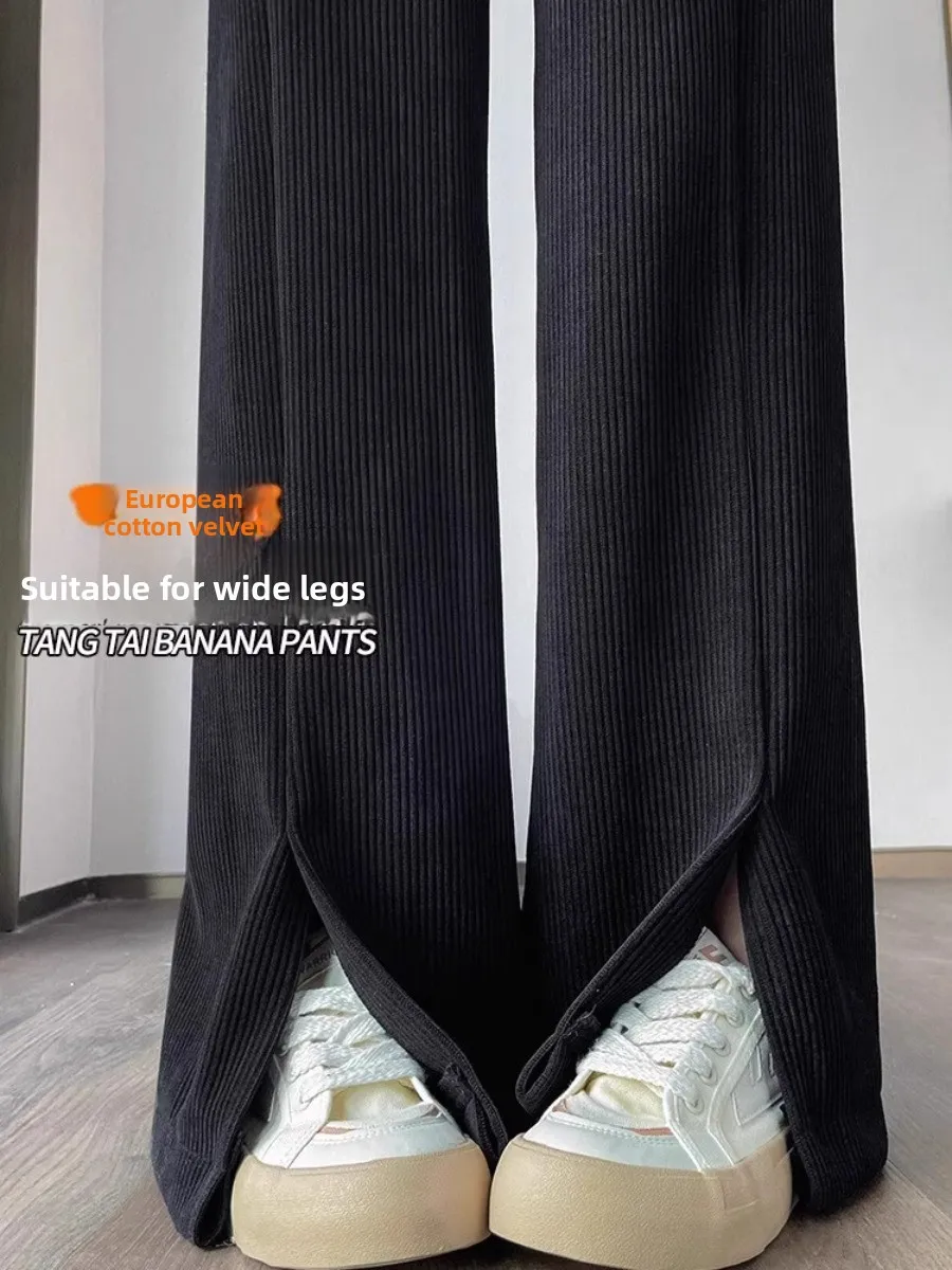 حجم كبير 300 Pou المرأة عارضة الكاكي السراويل عالية الخصر التخسيس سبليت جرس بوت المخملية واسعة الساق السراويل