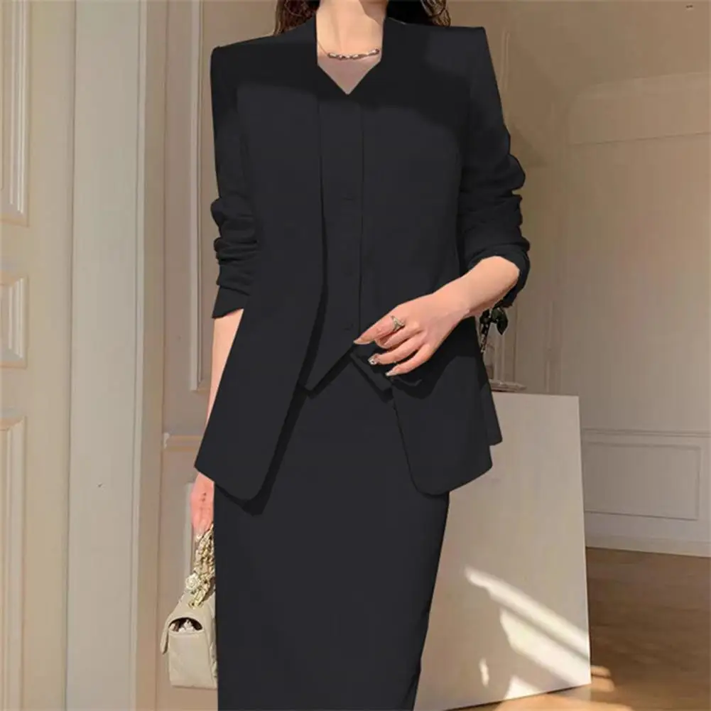 Women Suit Coat Skirt Set Formal Business Style Long Sleeves Open Sticth Coat High Waist A-line Skirt OL Commuting Office Outfit