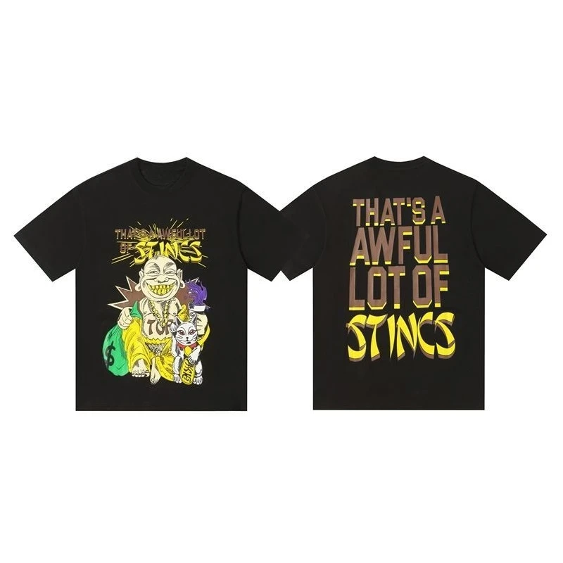 2026 new Unisex Black Oversized T-Shirt Cartoon Buddha Cat Money Bag Double Sided Print Streetwear Tee