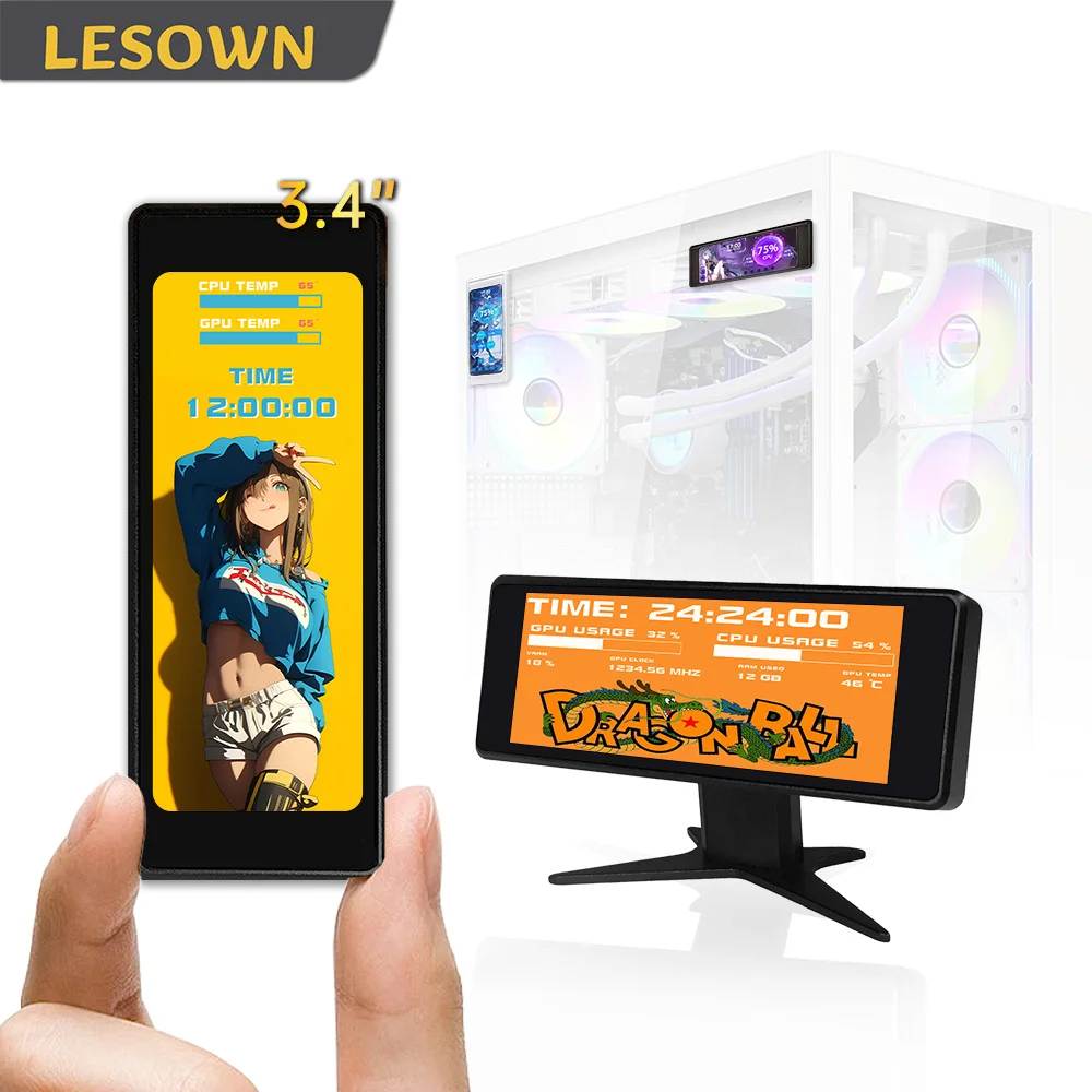 LESOWN PC Temperature Display 3.4 Inch Slim Bar Monitor 376x960 CPU GPU SSD Data Screen USB Powered for Desktop Computer Laptop