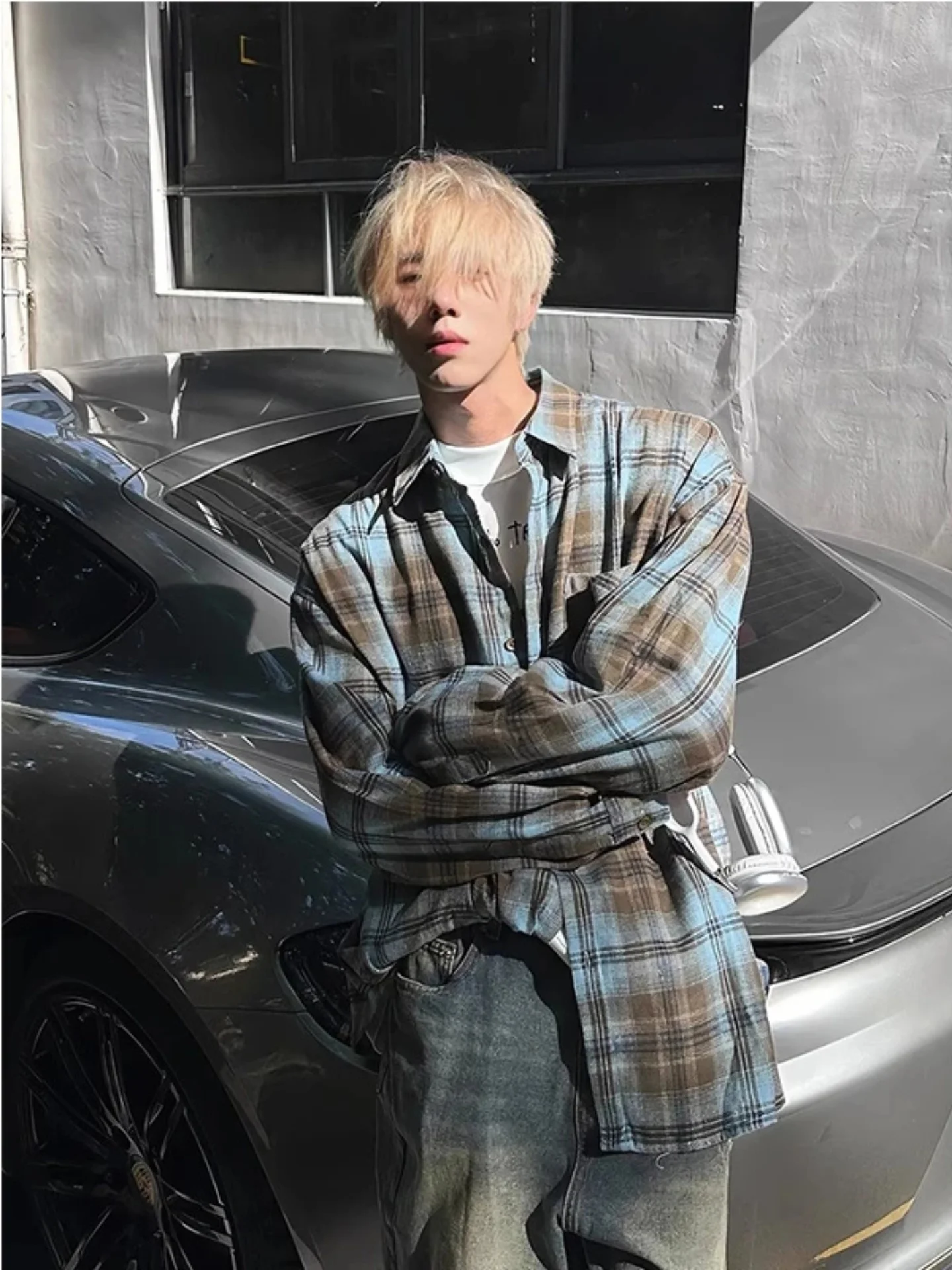 

Мужская рубашка свободного кроя в клетку с эффектом тай-дай для пар, в американском ретро-стиле, с длинным рукавом, повседневная, из серебристого бархата