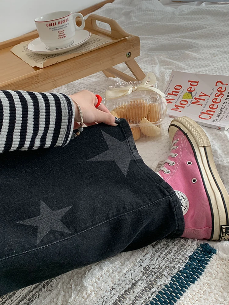 Nova moda jeans preto feminino baggy perna larga elegante ulzzang ins chique all-match bf casual estudantes streetwear jovem vintage