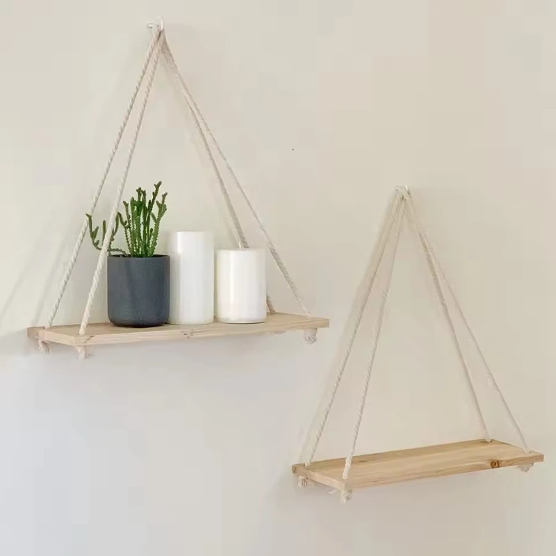 Wooden Rope Swing Wall Hanging Plant Flower Pot Tray Mounted Floating Wall Shelves Home Plant Flower Pot Tray Storage Garden Dec