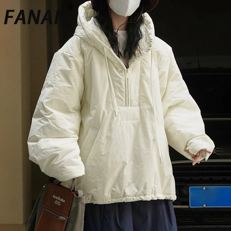 

FANAN Korean Style Thick Warm Cotton Coats Women's Hooded Design Pullover Loose Jackets Casual Outwear Female Winter New