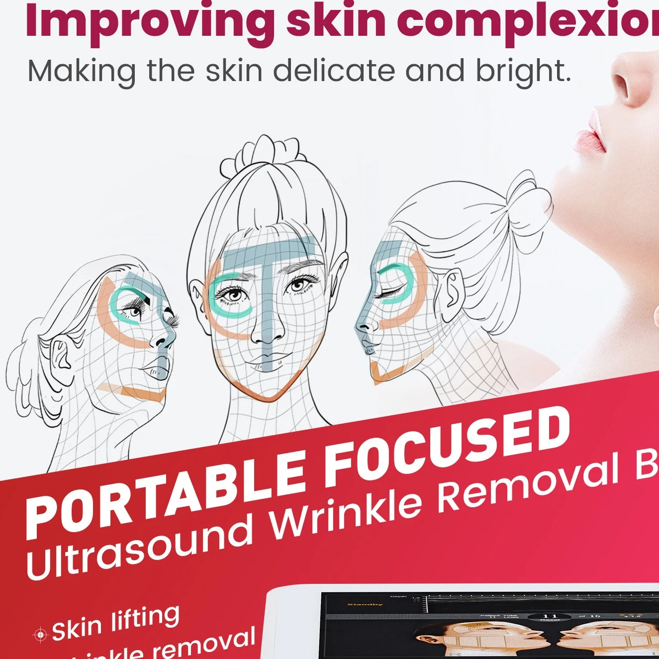 

Портативный аппарат для фокусированного ультразвукового лифтинга кожи: подтяжка лица, уменьшение морщин, омоложение. Прибор для домашнего и салонного использования.