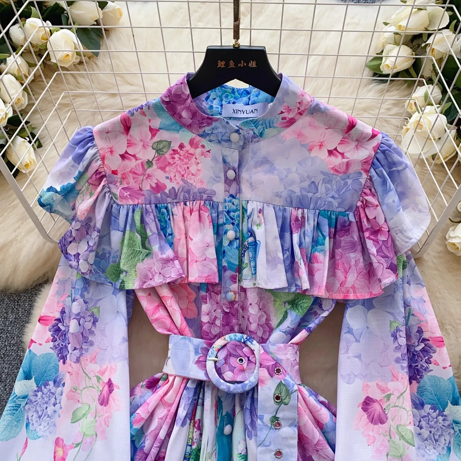 2025 Spring Summer Gorgeous Flower Linen Robe Dress Women's Stand Single Breasted Floral Print Belt Ruffles Mini Party Vestidos