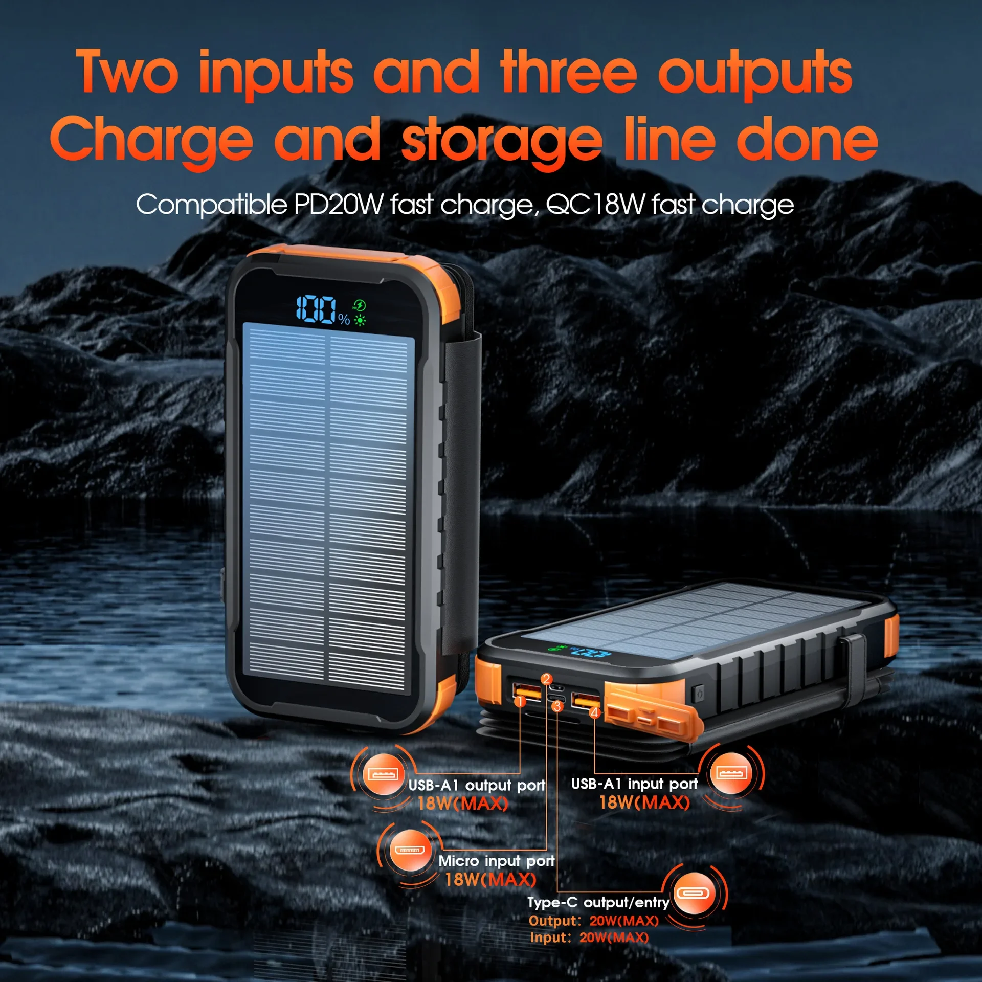 Folding Solar Power Bank 20000mAh USB Fast Charging Capacity Digital Display Capacity Battery Light Mobile Power LED Flashlight