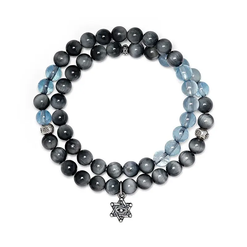 UMQ Original Six-Pointed Star Aquamarine Bracelet Advanced Eagle Eye Stone Bead Bracelets for Boyfriend Ornament