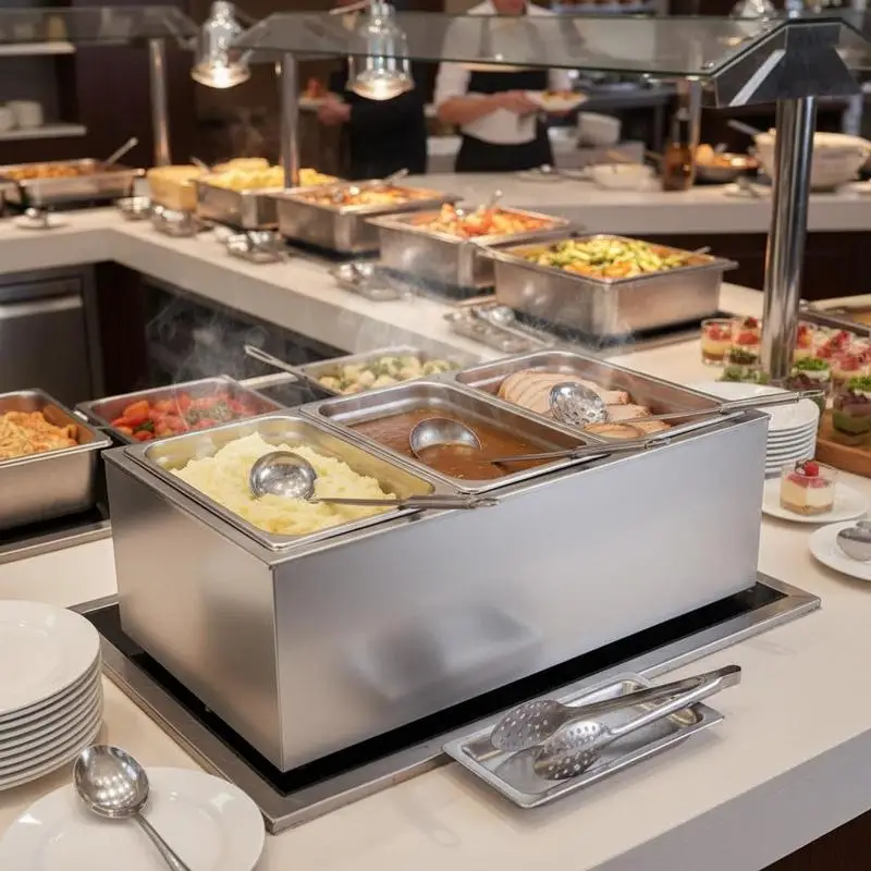 

Gastronomy Bain Marie 27"x15"x10" For Catering Restaurants Buffets, 1200W Rapid Heating Countertop Design Soup Ladles Perforated Spoons Included Adjustable Temperature Control 4-Inch Depth 12-Quart Capacity Silver Metal Finish Professional Kitchen Eq