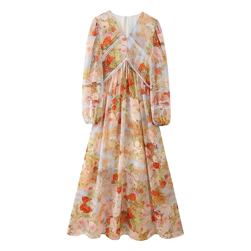 Robe française romantique à imprimé Floral, taille haute, décontractée, col en V, manches lanternes, robe de soirée, Design à la mode, plissée, ample