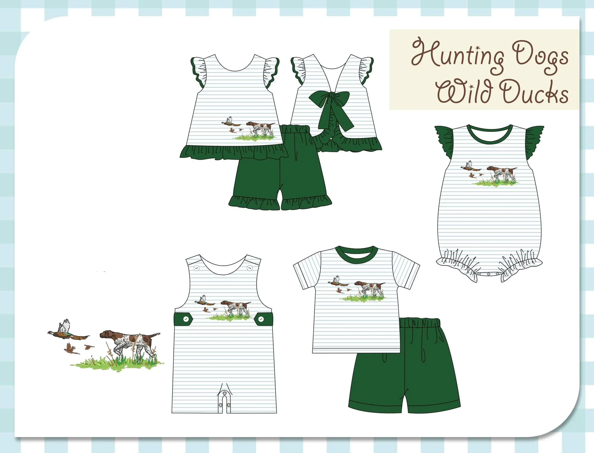 Summer hot sale children's clothing boutique milk silk clothing matching four-piece green clothing hunting dog wild duck element