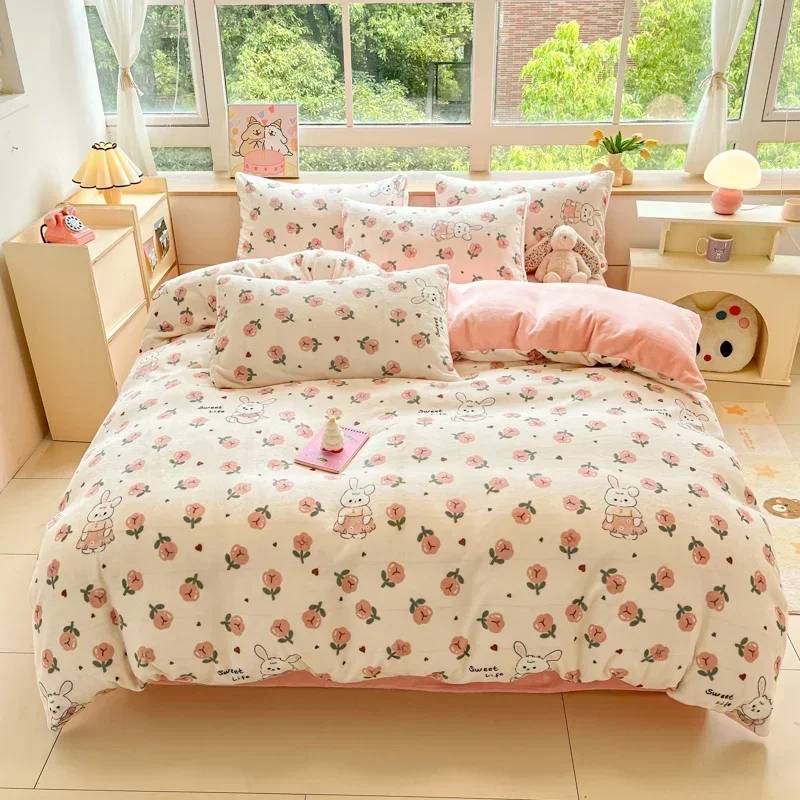 1.5M Bed Winter Milk Velvet Four Piece Set Warm and Soft Comfortable Plush Fur Sheet Quilt Cover Household Dormitory 3-piece Set